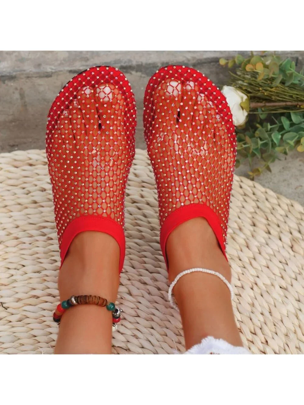 Women's Red Mesh Comfortable Fishnet Low Heel Slip on Rhinestone Flats Shoes